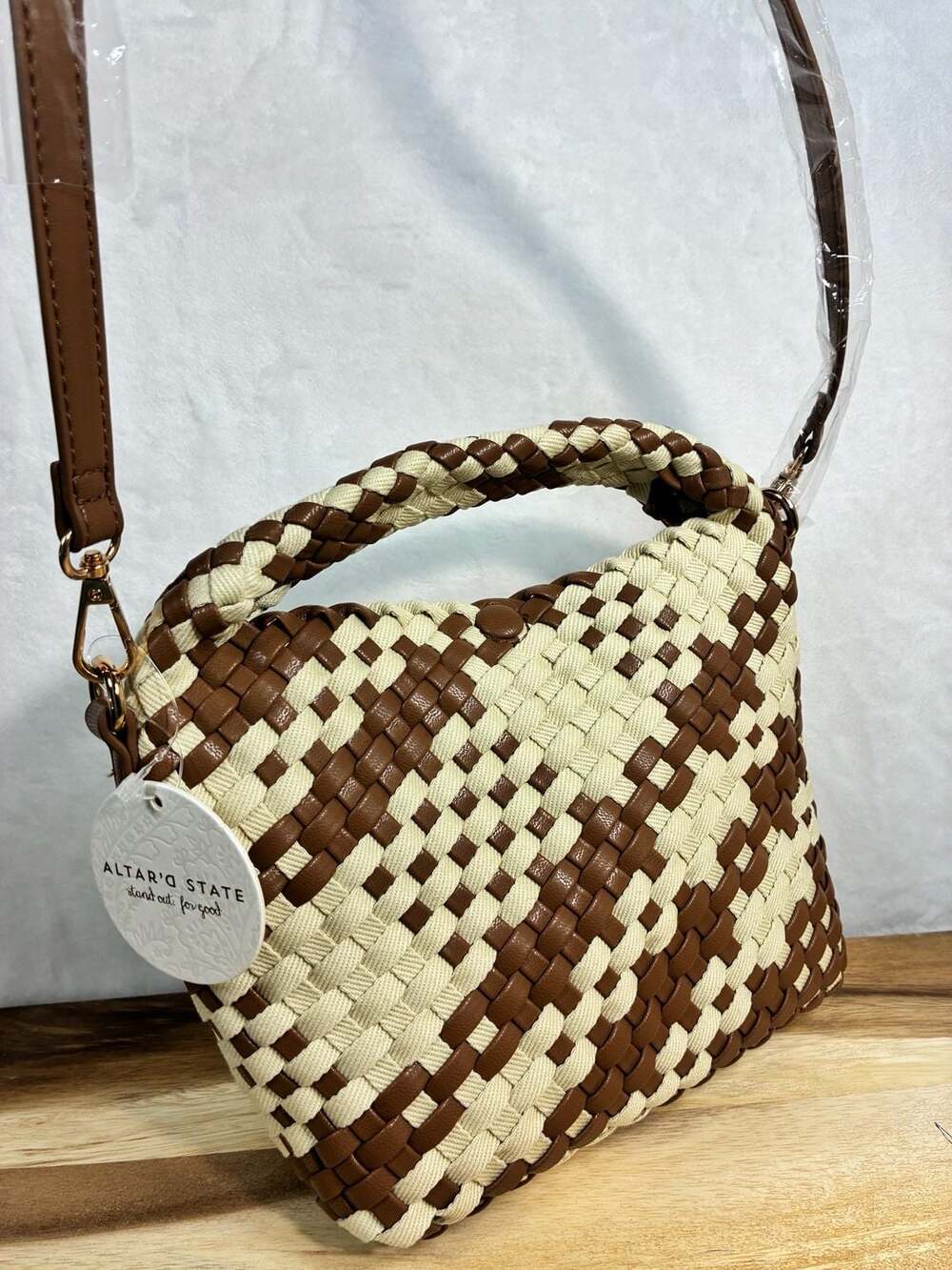 Altar'd State Woven Checkered Brown Ivory Crossbody Handbag
